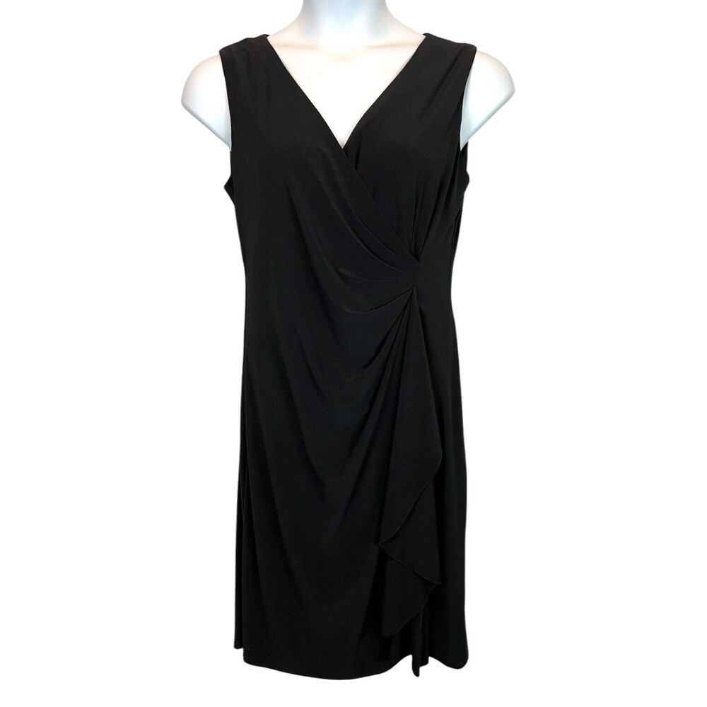 R&M Richards Black Jersey Knit Faux Wrap Surplice Sleeveless Dress Size 14 LBD